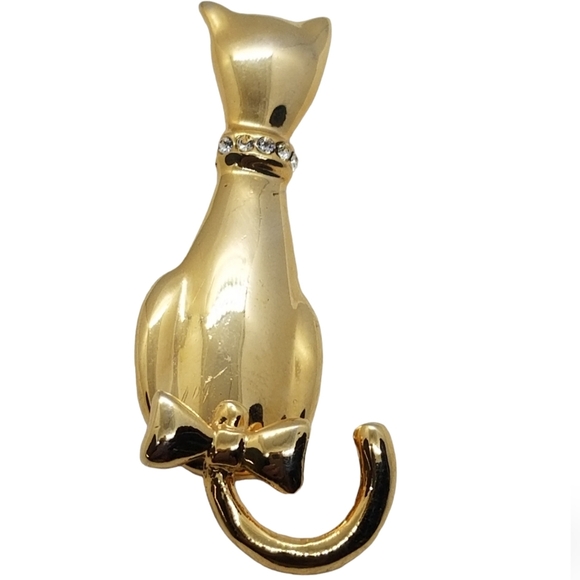 AAI VINTAGE GOLDTONED & CRYSTAL CAT WITH ARTICULATED TAIL BROOCH - Picture 4 of 7